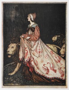 Illusztráció: A hölgy és az oroszlán. alkotó: Arthur Rackham
