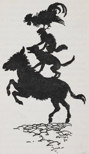 Illusztráció a brémai zenészekből egy szamár, kutya, macska és kakas. alkotó: Arthur Rackham