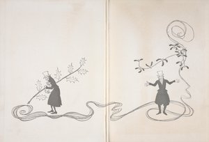 Scrooge illusztrációja. Az egyik oldalán egy magyalszál ábrázolja, egy zacskó pénzt szorongatva és dühösnek látszik. Másrészt boldognak látszó fagyöngy szálkával van ábrázolva. alkotó: Arthur Rackham