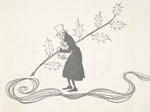 Illusztráció: Scrooge, egy szál magyal ábrázolva, egy zacskó pénzt szorongatva dühösen néz ki. alkotó: Arthur Rackham
