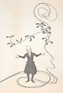 Illusztráció: Scrooge, boldognak látszó fagyöngy ágával ábrázolva. alkotó: Arthur Rackham