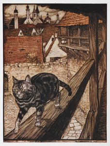 Illusztráció: egy macska sétál a kerítésen a The Cat and the Mouse in Partnership című filmből. alkotó: Arthur Rackham