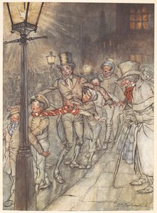 Illusztráció egy utcai jelenet karácsony estéjén Bob Cratchittel és gyerekekkel. alkotó: Arthur Rackham