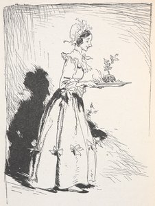 Egy karácsonyi pudingot hordozó nő illusztrációja alkotó: Arthur Rackham