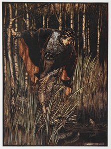 Illusztráció egy fiatalról a tó mellett a Fehér kígyóból. alkotó: Arthur Rackham