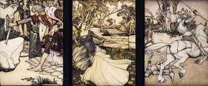 Illusztrációk a Morte d"Arthurhoz: Sir Galahad kihúzza Balin kardját a lebegő kőből; La Cole Male Taile megöli az oroszlánt, amely veszélyeztette Guenevere királynőt; és Beaumains legyőzi a zöld lovagot, 1902 alkotó: Arthur Rackham