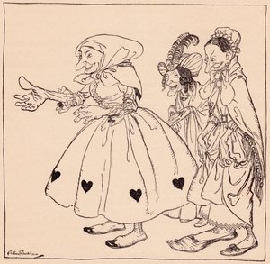 A három legkülönlegesebben öltözött nő lépett be. Illusztráció: Arthur Rackham a Grimm meséjéből, A három forgó nőből. alkotó: Arthur Rackham