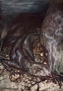 „Fafner sárkány alakban most a kincseket figyeli”, 1924. alkotó: Arthur Rackham
