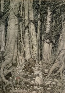 Az erdőben hordóval Rip Van Winkle-től írta Washington Irving (1783-1859), 1905 alkotó: Arthur Rackham
