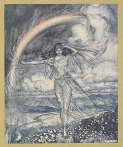 Írisz ott, nedves íjjal. alkotó: Arthur Rackham
