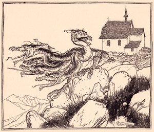Nem sokkal később megérkezett a hétfejű sárkány hangosan ordítva. Illusztráció: Arthur Rackham a Grimm meséjéből, A két testvér. alkotó: Arthur Rackham