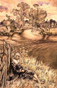Izaak Walton dőlve a kerítésnek, Izaak Walton illusztrációinak egyike, a „The Complete Horgász” (toll, tinta és akvarell papíron) alkotó: Arthur Rackham