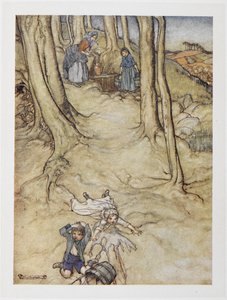 "Jack és Jill". Két gyerek leesik a dombról. Jill kiönt egy vödör vizet, míg Jack megüti a fejét. alkotó: Arthur Rackham