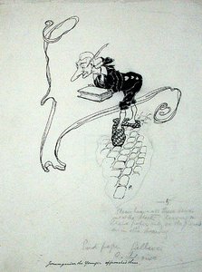 „Jorumgander the Younger elhagyta üzletét, és megkereste őket egy tolltartóval, amelyet eladásra kínált” – illusztráció a „The Zankiwank and the Bletherwitch” című művéből, S.J. Adair Fitzgerald, 1896-ban megjelent (toll és tinta papíron) alkotó: Arthur Rackham