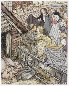 „Amikor a disznópásztor a nyolcvanhatodik csókot szedte”, a „The sertéspásztor” című illusztrációja, Hans Christian Andersen alkotó: Arthur Rackham