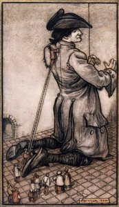 A liliputi szabók megmérik Gullivert, hogy új öltönyt készítsenek neki, Arthur Rackham (1867-1939) illusztrációja Jonathan Swift (Dublin) Gulliver utazásaiból alkotó: Arthur Rackham