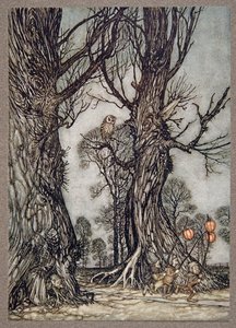 Elöl futó linkemberek téli cseresznyével, Peter Pan-től a Kensington Gardensben, J M Barrie (1860-1937), pub. 1906 alkotó: Arthur Rackham