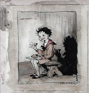 Little Jack Horner, 1913-ban megjelent „Mother Goose, The Old Nursery Rhymes” illusztrációja (toll, tinta és akvarell papíron) alkotó: Arthur Rackham