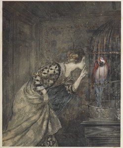 May Colvin és egy papagáj egy ketrecben. alkotó: Arthur Rackham