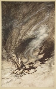 Mime vonaglik a kapott ostorcsapások alatt, illusztráció a "The Rhinegold and the Valkyrie" című filmből. alkotó: Arthur Rackham