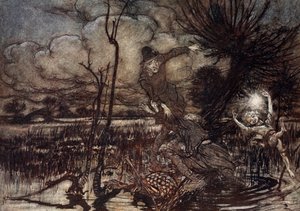 Félrevezetni az éjszakai vándorokat, nevetve a kárukon, illusztráció William Shakespeare Szentivánéji álom című művéből, 1908 alkotó: Arthur Rackham