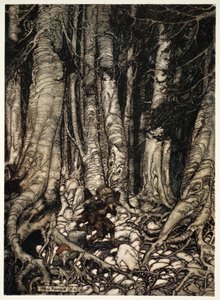 Kölcsönösen tehermentesítve egymást, felkapaszkodtak egy keskeny víznyelőn. Rip Van Winkle-ből, Washington Irvingtől, kocsmából. 1910 alkotó: Arthur Rackham