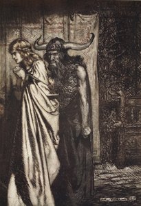 „Ó, feleség, elárultam, bosszút fogok állni, ha bíznak megtévesztve!”, illusztráció a „Siegfried és az istenek alkonya” című könyvéből alkotó: Arthur Rackham