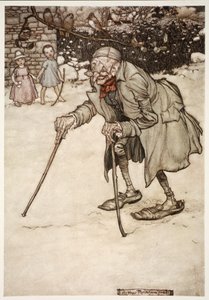 Öreg ember két bottal, Rip Van Winkle-től Washington Irvingtől, kocsma. 1910 alkotó: Arthur Rackham