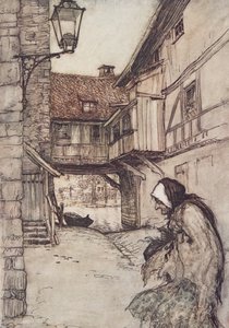 Élt egyszer egy szegény öregasszony egy faluban, a Grimm testvérek meséi kocsmából. 1909 alkotó: Arthur Rackham