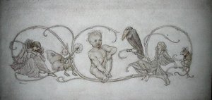Pán Péter, 1906-ban megjelent „Pán Péter a Kensington Gardensben, London” illusztrációja (toll, tinta és akvarell papíron) alkotó: Arthur Rackham
