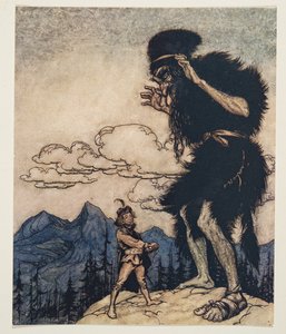 Kihúzta a zsebéből a puha sajtdarabot, és addig nyomta, amíg a nedvesség el nem fogyott.. A Grimm testvérek tündérmeséiből, kocsmából. 1909 alkotó: Arthur Rackham