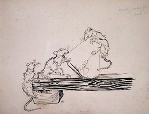 „Patkányok!...egyék ki a sajtot a kádakból!”, illusztráció a „The Pied Piper of Hamelin”-ből, Robert Browning 1934-ben megjelent változata (toll és tinta papíron) alkotó: Arthur Rackham