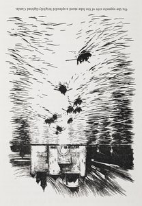 Evezős csónakok a folyón, éjjel egy kastélyhoz közeledve. alkotó: Arthur Rackham