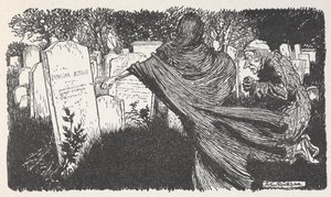 Scrooge és egy szellem a temetőben éjjel. alkotó: Arthur Rackham