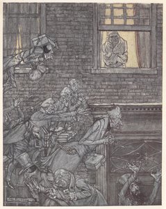 Scrooge az ablakánál, és szellemeket figyelt az utcában alkotó: Arthur Rackham
