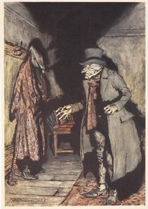 Scrooge a házában éjszaka alkotó: Arthur Rackham