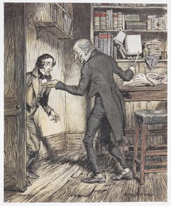 Scrooge ír az irodájában, miközben egy másik férfi lép be alkotó: Arthur Rackham