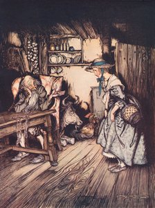 Szépen könyörgött, hogy hagyják ott tölteni az éjszakát. Illusztráció: Arthur Rackham a 19. század végén megjelent Grimm meséjéből, A kunyhó az erdőben című művéből. alkotó: Arthur Rackham
