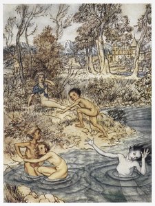 „Egész kisgyerekcsapattal találkozott”. Színes illusztráció a kis hableány című történethez. alkotó: Arthur Rackham