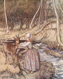 Levette arany harisnyakötőjét, és az őzike nyakába tette. Illusztráció: Arthur Rackham a 19. század végén megjelent Grimm meséjéből, a kistestvér és a kistestvér. alkotó: Arthur Rackham