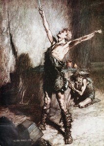 Siegfried megkovácsolja a kardját. Illusztráció Siegfriedhez és Az istenek alkonyához, Richard Wagtól alkotó: Arthur Rackham