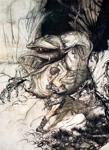 "Siegfried megöli Fafnert", 1924. alkotó: Arthur Rackham