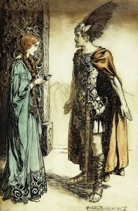 Siegfried találkozik Gutrune-nal: Az istenek alkonya, 1911 alkotó: Arthur Rackham