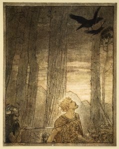 Siegfried halála, illusztráció a "Siegfried és az istenek alkonya" című könyvből. alkotó: Arthur Rackham