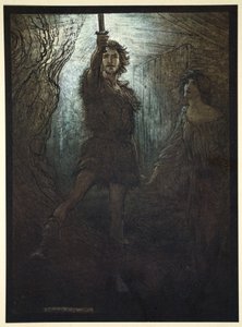 – Látod Siegmundot, a Walsungot! Menyasszonyajándékként a kardját hozza neked, 1910. alkotó: Arthur Rackham