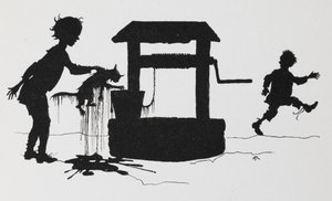 Sziluettje egy fiú, aki kihúz egy macskát a kútból. alkotó: Arthur Rackham