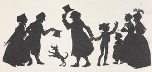Egy fiatal fiú és egy férfi sziluettje üdvözli az embereket a templomból hazafelé. alkotó: Arthur Rackham