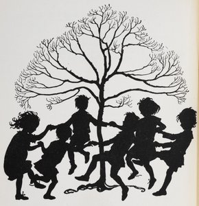 Egy fa körül táncoló gyermekek sziluettje. alkotó: Arthur Rackham