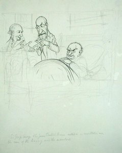 Sir George Savage és Sir James Crichton Browne (1840-1937) egyeztetett a BXXXY és a tagok (toll, tinta és ceruza papíron) ügyében. alkotó: Arthur Rackham