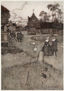 Az eredeti telepesek házai közül néhány, Washington Irving Rip Van Winkle-től, pub. 1910 alkotó: Arthur Rackham